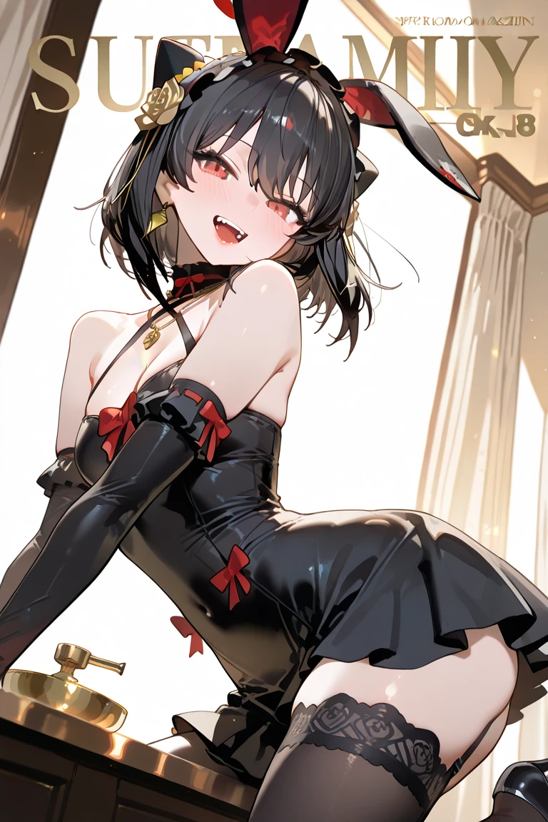 woman,20-year-old,, venue,night,(((Bunny girl))),Laughing with your mouth open((Leather thigh-high boots))(garter belt),((Black Hair)),blush、Surprised face,