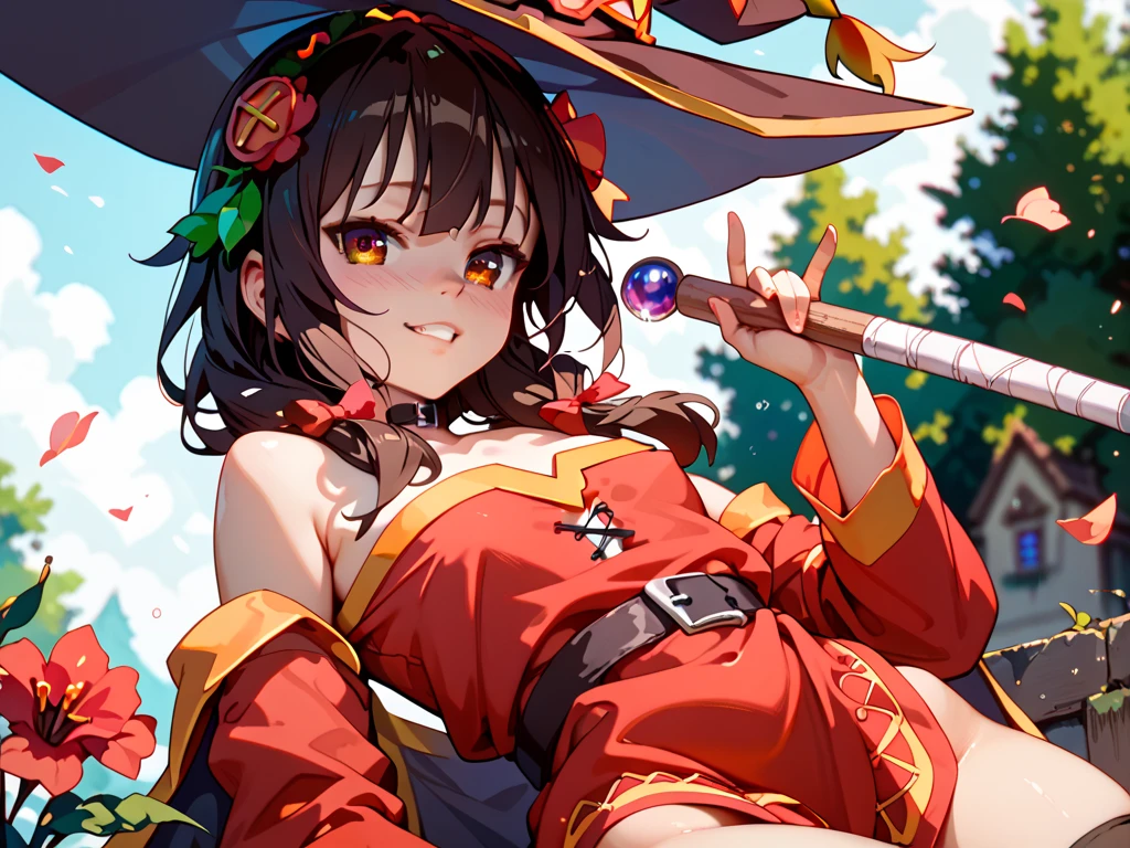 HDR, 8K, 4K, masterpiece, beatiful quality, <lora:Megumin_V1.0:1> 1girl, red eyes, solo, brown hair, short hair with long locks, bangs, hat, witch hat, collarbone, cape, black gloves, collar, small breasts, Megumin, megumin's style, Megumin,megumin's style, cape, hat, green field