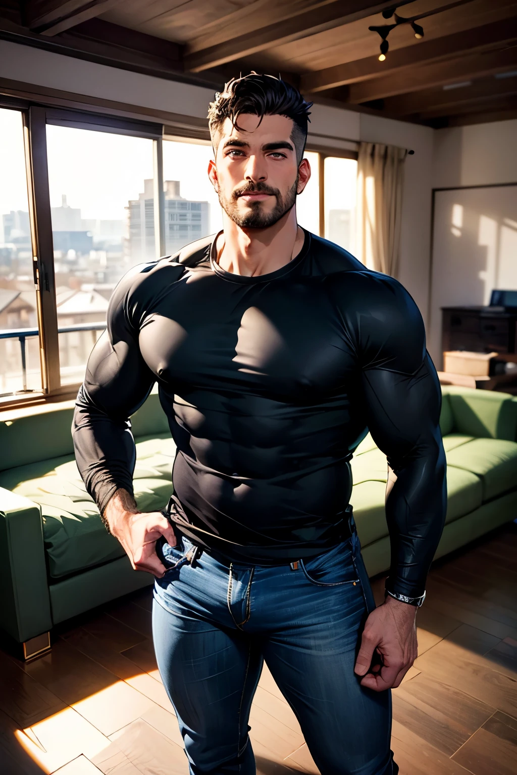 Attractive sweaty man, impossibly sexy, muscular physique equivalent to Chul Soon, massive pecs, massive thighs, detailed and distinguished facial features, intense eyes, sculpted jawline, perfect smile, toned and defined body muscles, barefoot, baggy pants, glistening with sweat, veins popping, flexing biceps, strong and broad shoulders, chiseled eight-pack abs, muscular chest, masculine appearance, confident and charismatic expression, intense workout pose, showcasing strength and vitality, against a backdrop of a well-equipped gym, vibrant lighting highlighting his physique and creating shadows, capturing the essence of his hard work and dedication. (best quality, 4k, ultra-detailed), intense lighting, realistic rendering, portrait, fitness photography, vibrant colors, dramatic shadows.