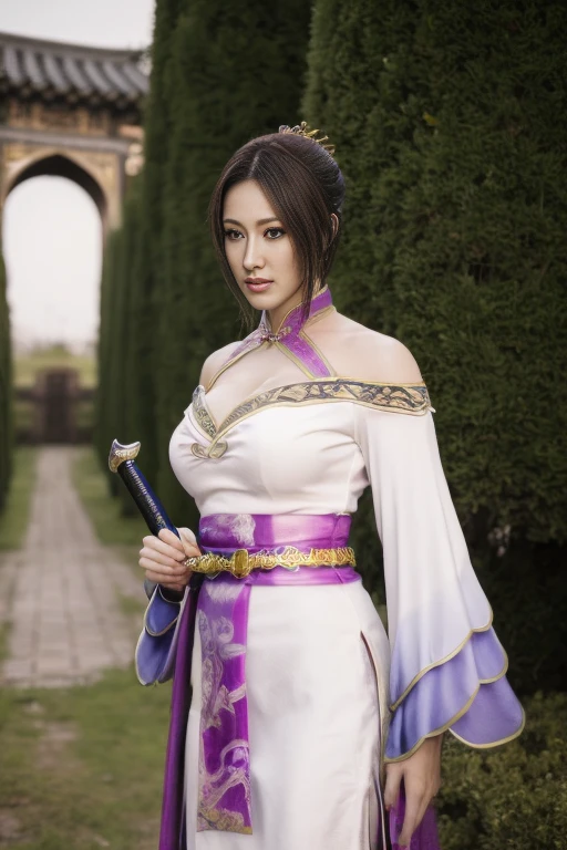 Over the shoulder shot, Asian woman in purple dress holding a sword, Japanese Goddess, anime girl cosplay, Kunoichi, Anime Cosplay, Professional Cosplay, smile