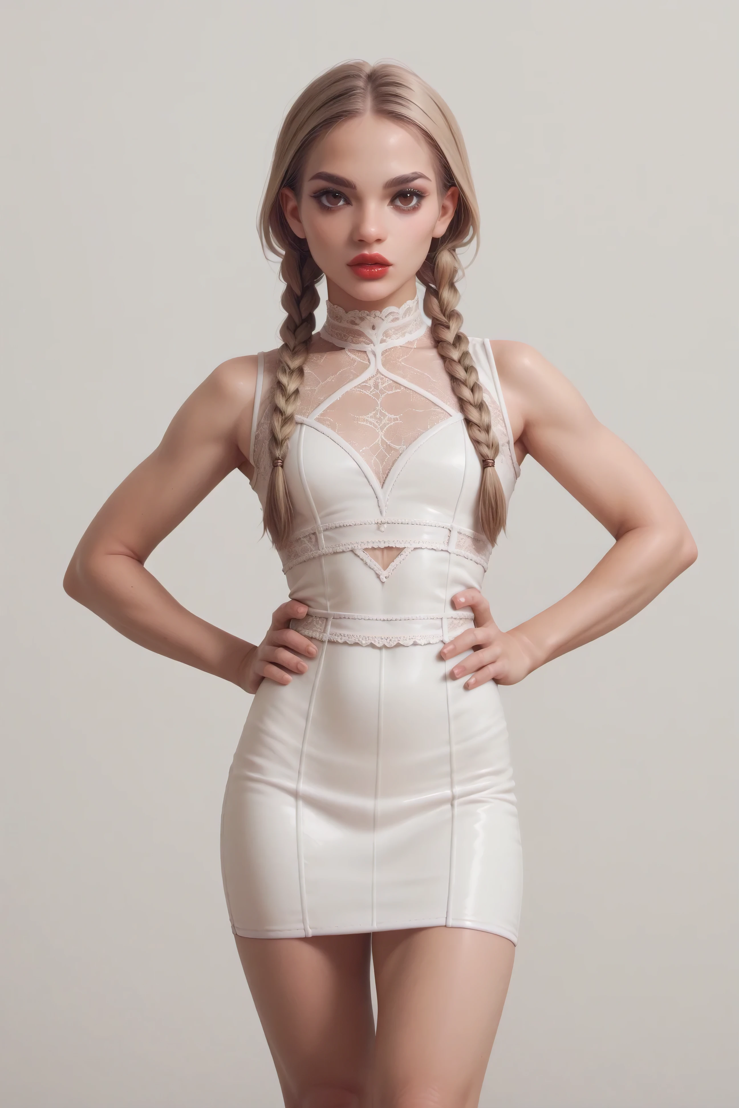 girl, (blonde hair, braids, brown hair dye), standing, hands on hips, brown eyes, white short dress with transparent elements, panties, dezent lipstick, simple background