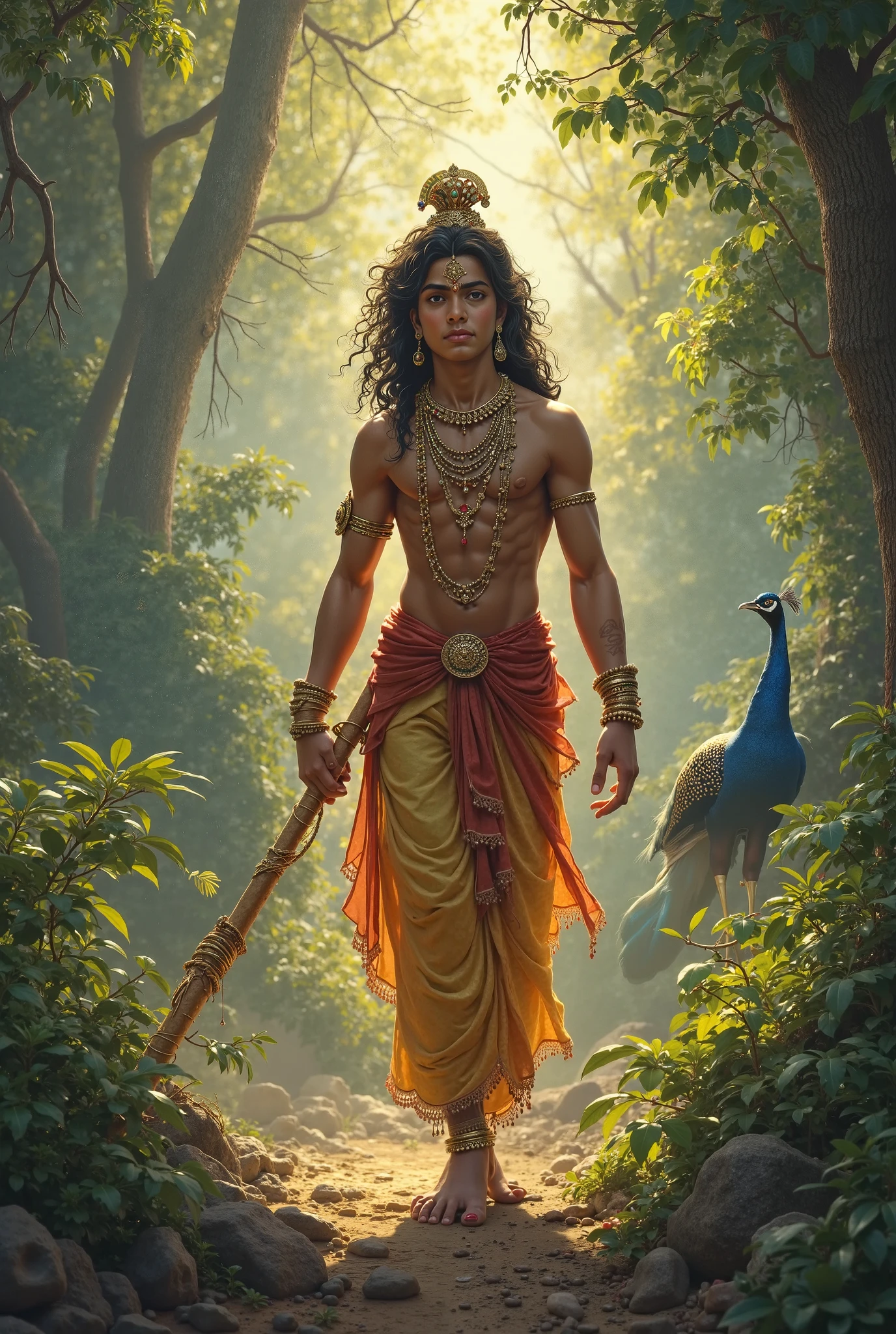 (photorealism:1.2), lord Krishna, sitting in beautiful Jungle on a tree , wearing loose off-shoulder top, indina yallow dhoti, long curly hair, outdoors, soft sunlighting, plants in background, with sunlight, near beautiful Deer , relaxed pose, realistic, intricate details, warm colors, by Greg Rutkowski, by Alphonse Mucha