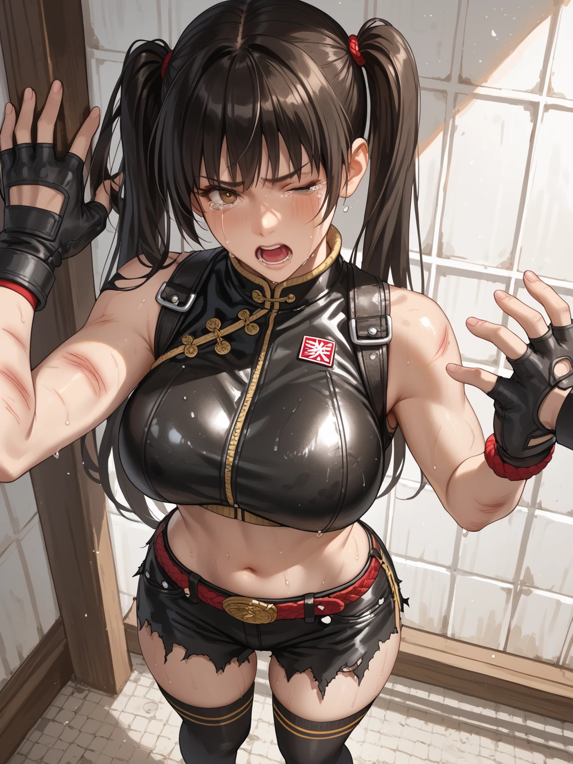 (((dramatic))), (((rough)),Anime character,1 girl,Solo,Black hair ponytail, Beautiful troubled face, Beautiful dark brown eyes, Vivid colors, Night, Top quality digital art, stunning art, Wallpapers 4k,8k,64k, HD, Incomparable masterpiece, Dynamic lighting, cinematic, epic, sexy, big, shiny big, big breasts that are about to spill out, (((torn shiny mesh pattern ninja clothes, ninjas, Japanese-style pattern tight long boots, skirt))), large cleavage, copious sweat on the body, blush, chest hollows, tied behind with ropes, legs open, legs open, chained, large, hands chained, shackled, slave collars, chains around the neck, in a dark basement, cobblestones with an eerie cold atmosphere, open legs, legs open in an M shape, tied behind the hands with ropes, silver chains, open legs, legs spread, hung by chains, pulled up by chains, Restraints, slaves, contempt, tears, shackles, shackles, mature adults, charm, submission, shiny skin, exhausted, piercings that do not interfere with small battles, big breasts that seem to stick out of clothes, big that are just bursting, clothes tightening and digging into the chest,