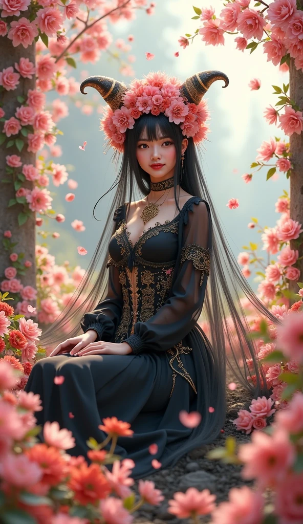 (from outside) , many colors,best quality best,,real photo,Delicate skin detailasterpiece,photo-realistic,intricate details,RAW photographer,in the garden,smile,floral pattern,Colorful cheongsam,very long hair,cropped shoulder,delicate face,Cleavage exposed,decorations,perfect finger,anatomy is correct,glowing skin