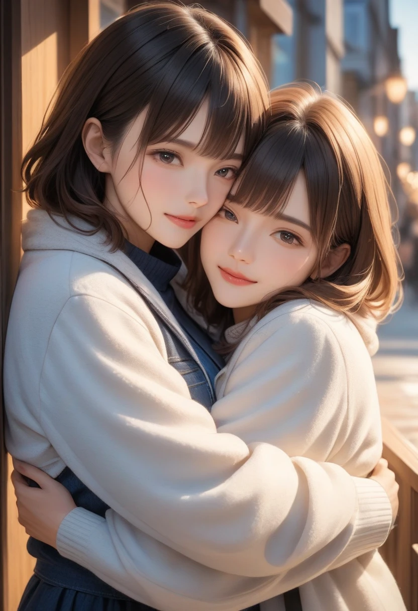 masterpiece, highres, ultra detailed, 2others, couple, 1boy with 1girl, mature, (Height difference1.3), different hair color, love, (hug), upper body, long hair girl, brown and black hair, windows, office, closed mouth, night, bite lip