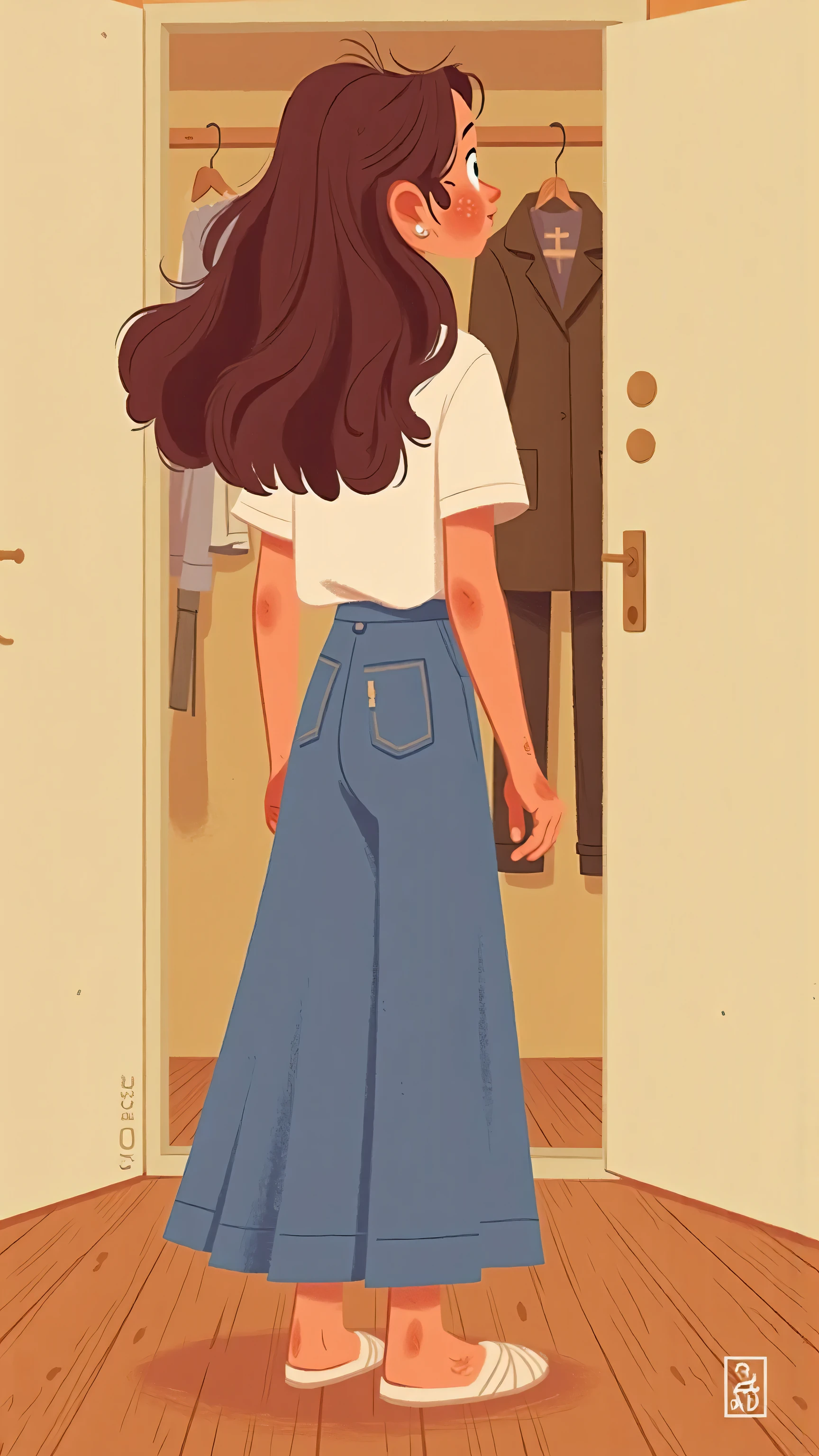  frontal footage ，Medium shot，Back to camera，A beautiful young woman，Long flowing dark brown hair，stands in front of the closet，is wearing a white T-shirt，blue long skirt，White slippers，adds a cozy and relaxed atmosphere，The background is the off-white closet（with a dress hanging in the closet，Jacket， long pants），Wooden floor， illustration style ，webcartoon art style， Smooth lines ，, the shadows are soft ，The color is warm and dreamy，Gives a sense of serenity and comfort