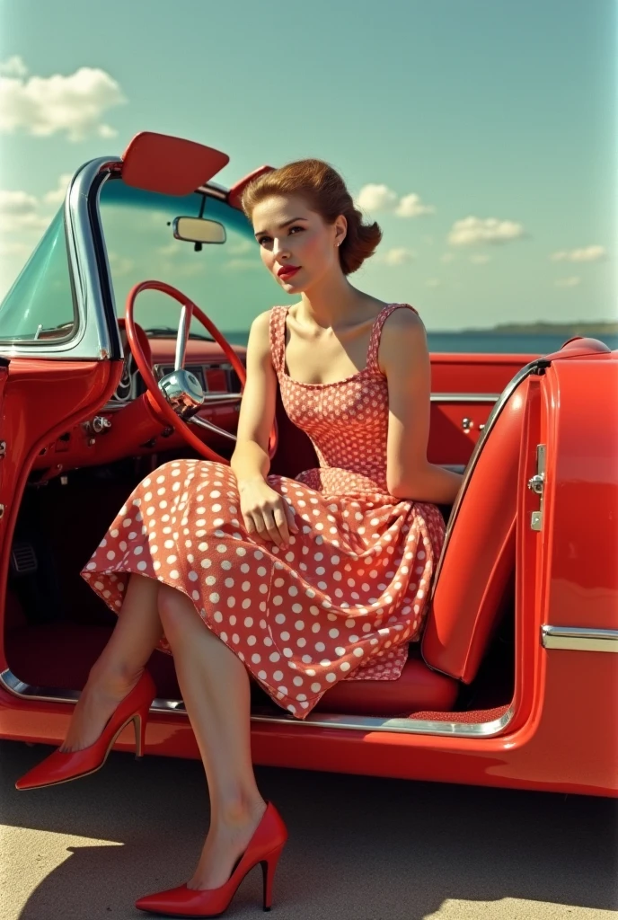 prompt
"A stunning 50s style woman with perfect pin-up beauty, wearing a classic polka dot dress and elegant red heels. Her hair is perfectly styled in soft waves., and has a bold red lipstick that matches her cherry-colored nails. She poses confidently in front of a cherry red 1958 Plymouth Fury, Its elegant lines and shiny chrome under the sunlight. The backdrop is a nostalgic American diner with neon signs, enhancing the vintage vibe of the scene. The overall composition captures the essence of 1950s automotive glamour and elegance.. "