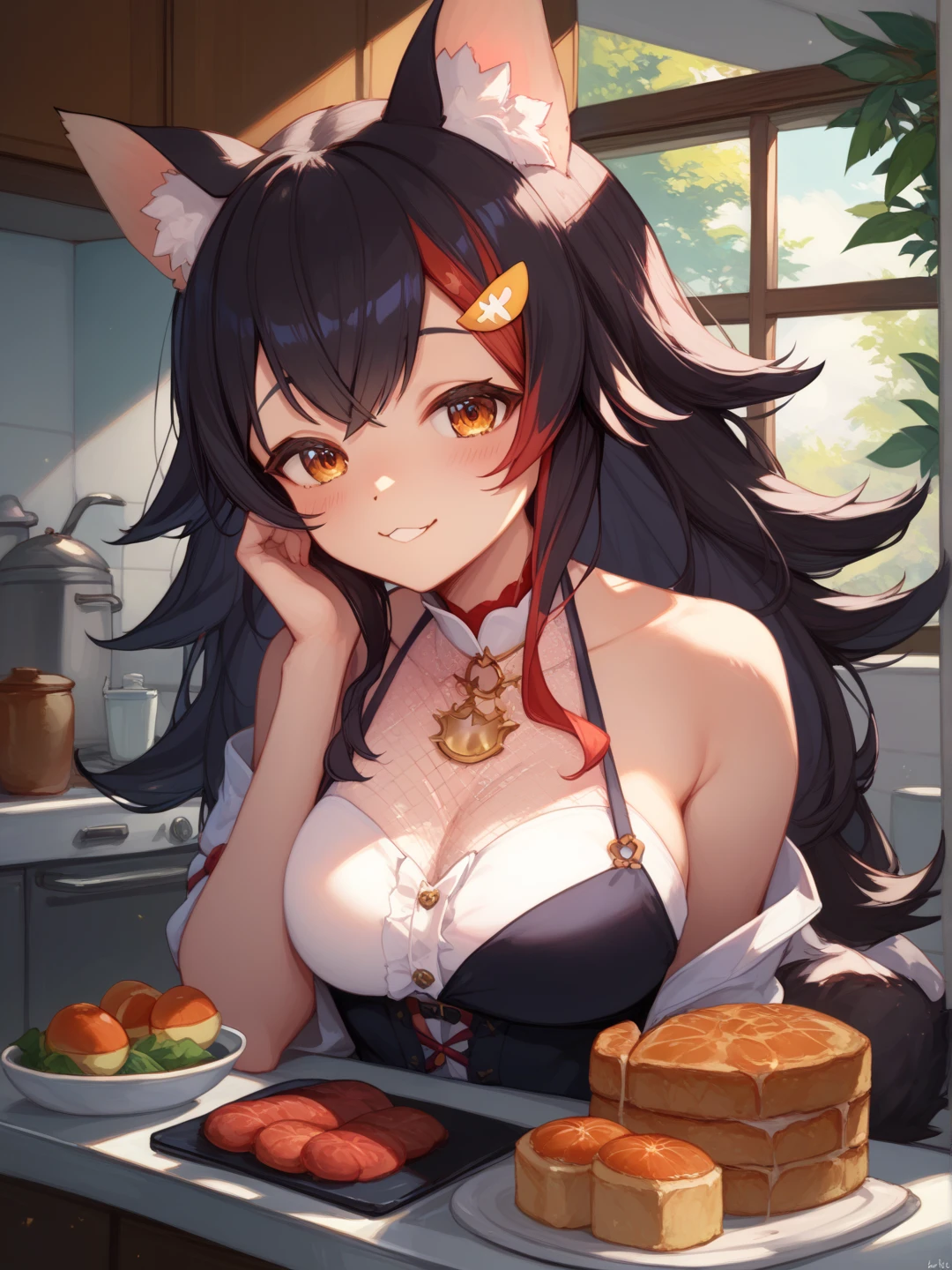 1girl, long hair, breasts, looking at viewer, blush, bangs, large breasts, black hair, navel, animal ears, cleavage, bare shoulders, medium breasts, closed mouth, standing, collarbone, tail, yellow eyes, thighs, shorts, solo focus, midriff, cat ears, collar, cat tail, animal ear fluff, bare arms, short shorts, thigh gap, cat girl, neck bell, camisole, strokes the head, red shorts, red collar, belt collar, apron, cooking