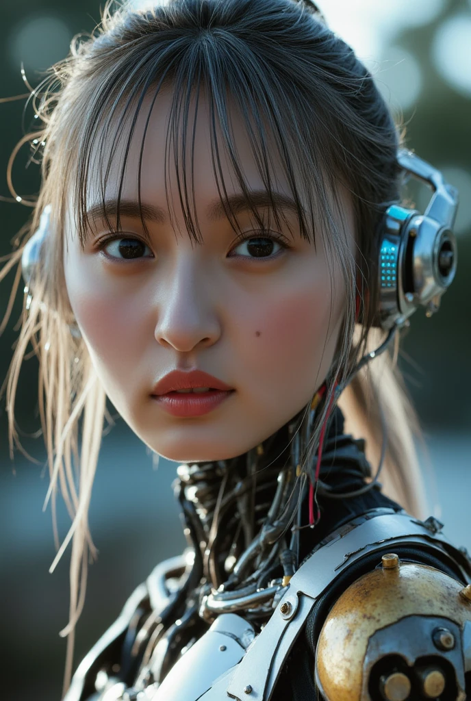 Top Quality, Masterpiece, Ultra High Resolution, (Photorealistic: 1.4), Raw Photo, 1 Girl, Black Hair, Glossy Skin, 1 Mechanical Girl, (((Ultra Realistic Details)), Portrait, Global Illumination, Shadows, Octane Rendering, 8K, Ultra Sharp, Big, Cleavage Exposed Raw Skin, Metal, Intricate Ornaments Details, Headset, Meter, vacuum tube, nixie suga, oil pressure gauge, glass tube, analog meter, gears, gears, hydraulic cylinder, very intricate detail, realistic light, CGSoation trend, purple eyes, glowing eyes, facing the camera, neon details, mechanical limbs, blood vessels connected to the tube, mechanical vertebrae attached to the back, mechanical cervical attachment to the neck, sitting, wires and cables connecting to the head, cyberpunk, small LED lamps,
