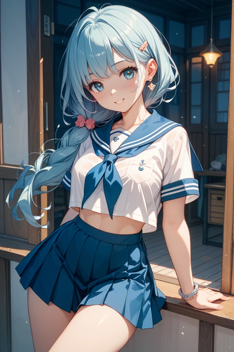 Highest quality,16K,Unbelievably absurd,Very delicate,２.５d,delicate and dynamic,blue sky,Small face,Very delicateな表情,Delicate eye depiction,Upper body close-up,Only sexy women,Healthy woman,16-year-old female,Sailor suit,Height: 160cm,Light blue bob hair,Sexy long legs,mini skirt