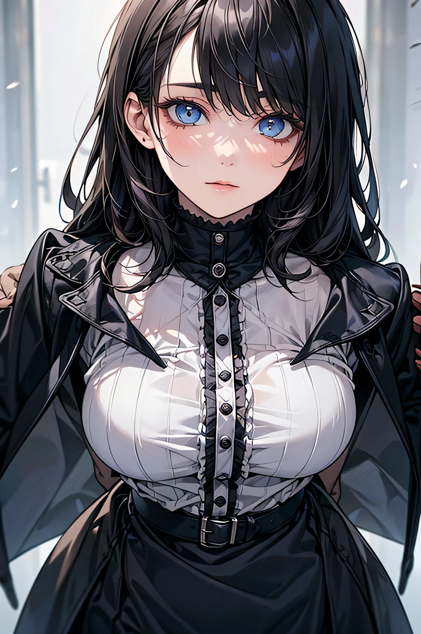 HD detailed, Wet Watermark, Hyper Detail, Long black hair,Big Breasts,rain,White blouse,Stern expression,Cold look