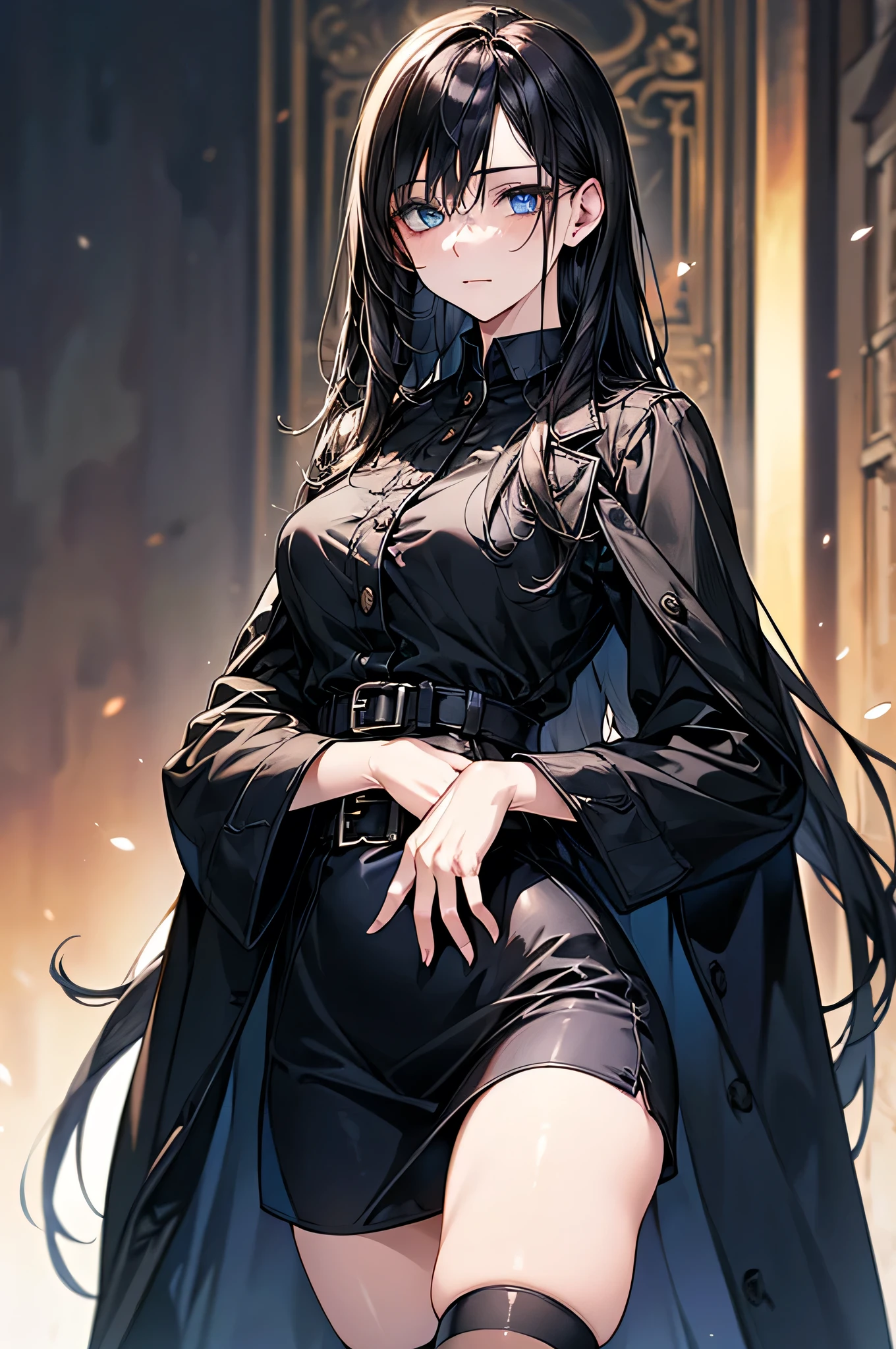 1girl, actress, black hair, green eyes, pale skin. A black turtleneck is tucked under a black skirt with a belt, a silver chain is around her neck, and an unbuttoned white shirt is draped over her shoulders. black heeled boots.