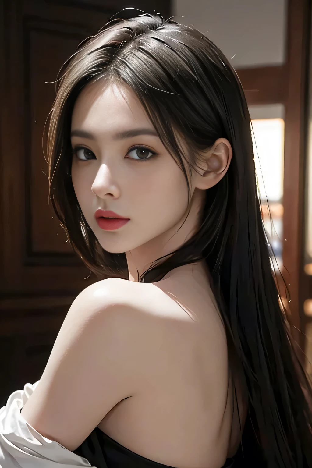 High-quality work,Realistic works,Super premium graphics,8K HD CG works,high quality graphics,High-definition and exquisite CG works,10x pixels,Ultra-fine details:1.1,Advanced technical details:1.1Realistic photo effects,Interior lighting effects:1.5,natural soft light:1.5. Light effect(Virtual light effects:1.8),ultra high resolution,shining dress,sliver long hair,silber hair,transparenthair,high detailed hair(Quality hair details:1.1)Clear eyes,Double eyelids look good,Sharp eye makeup, Create exquisite eyelash makeup, tthin eyebrows, Ultra-detailed eyes,a tall nose, lovely red lips, rosey cheeks, With delicate makeup on her face , pretty face, The face shape is perfectly proportioned,(Advanced facial details:1.1)1girl, long black hair, straight hair, Bright red lipstick,big eyes,black eyes,looking at viewer, black dress (masterpiece, best quality:1.4),(photorealistic:1.4)(realistic, photo-realistic:1.4),8k UHD,ultra high res, , Women's artwork,Dress full body video,Realism,Amazing Cleavage,My eyes are very bright today
