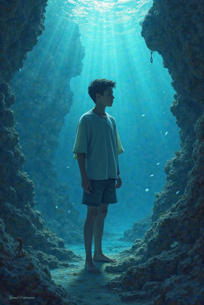 Surreal landscape where a boy is suffering, at the bottom of the sea and his friends are on the surface, elements castles and dragons where their world is distorted