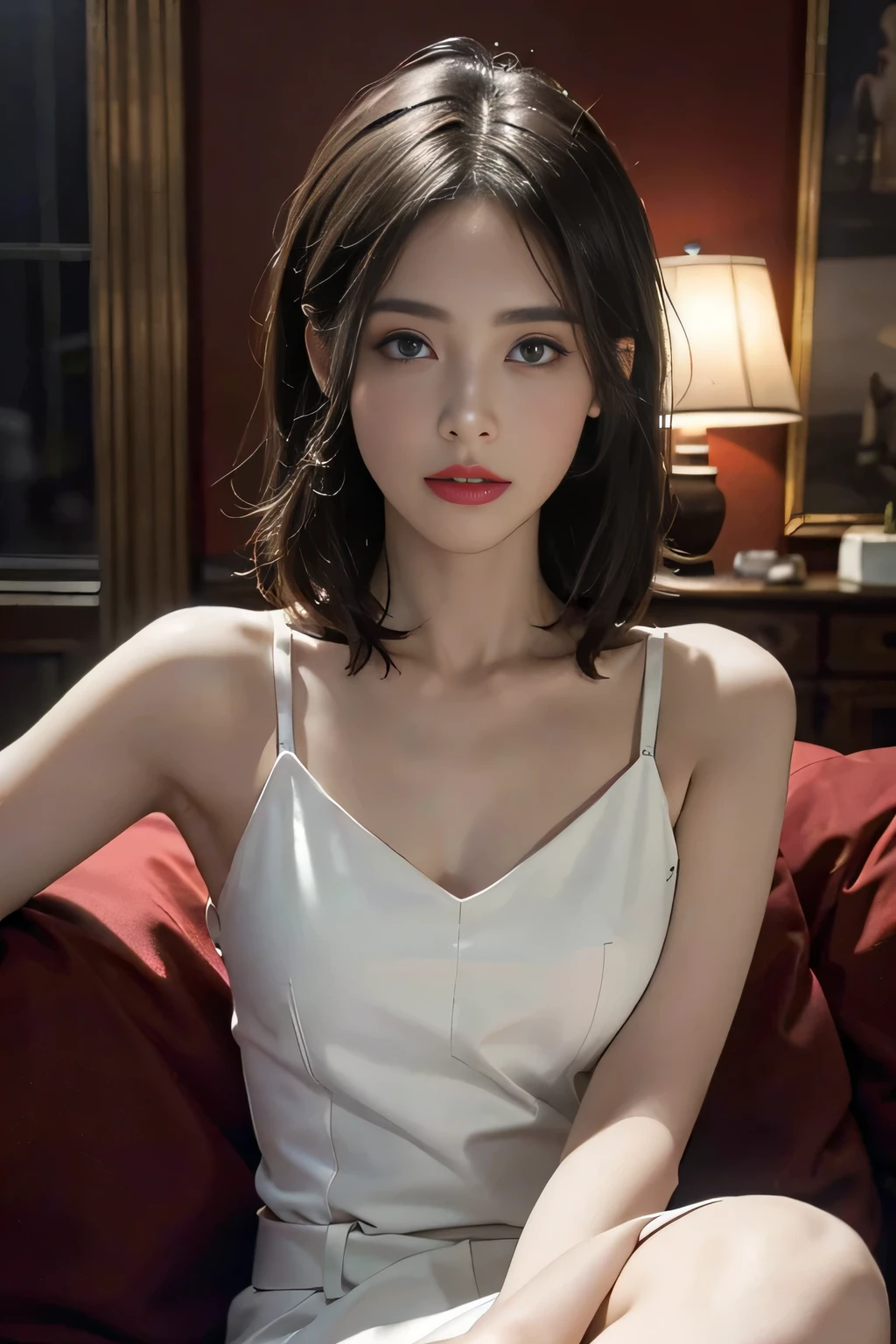Beautiful woman with perfect body in white dress in room, slim abdominal muscles, ultra-detailed face, Highly detailed lips, Delicate eyes, Double eyelids，one person