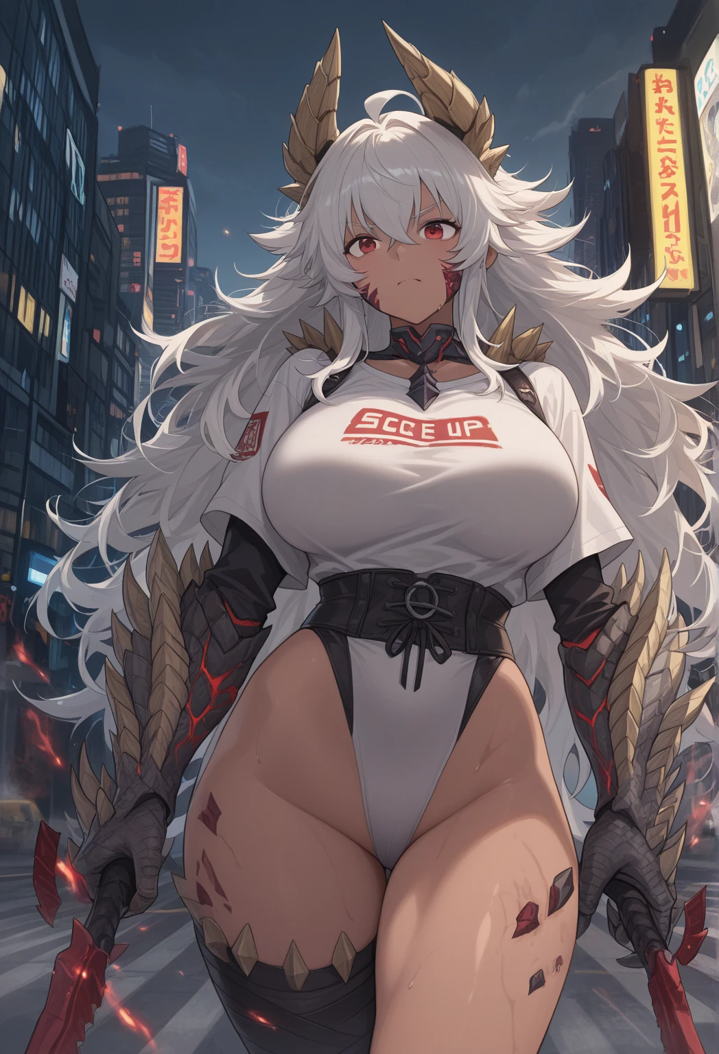 top-quality、Top image quality、in 8K,4K,masterpiece、(NSFW:1.3)、ultra-detailliert、Beautiful、ultra-quality、adult-like、Cool、girl with(((35year old、Fox Maiden:1.2、Bust 78、silver long hair、black body suit, cleavage, open cloth,、Red Eyes、flank、erotick:1.4、Happiness、The tattoo, Pregnant belly, round belly, huge pregnant belly)))、place々torn:1.4、posterior view:1.4、s ass、hiquality、visualart、Background with((nightcity:1.2))、masutepiece, (Pregnant belly : 1.4)