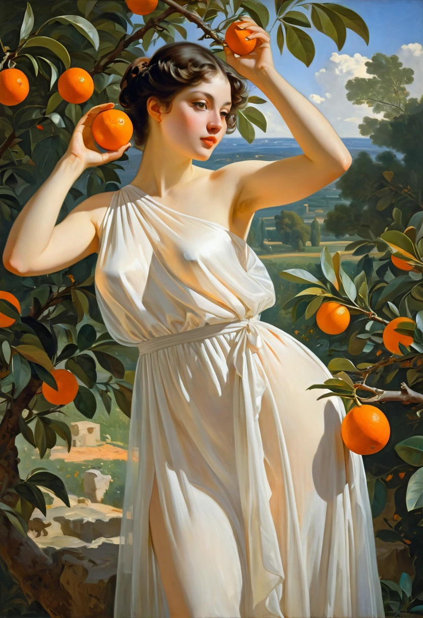 arafed woman sitting on a table with fruit and a halo, inspired by Artemisia Gentileschi, pagan goddess, young goddess, monia merlo, in style of caravaggio, earth goddess mythology, aphrodite goddess of love, as the goddess of the sun, goddess of love and peace, done in the style of caravaggio, divine goddess, open eyes, look at viewers, beautiful eyes