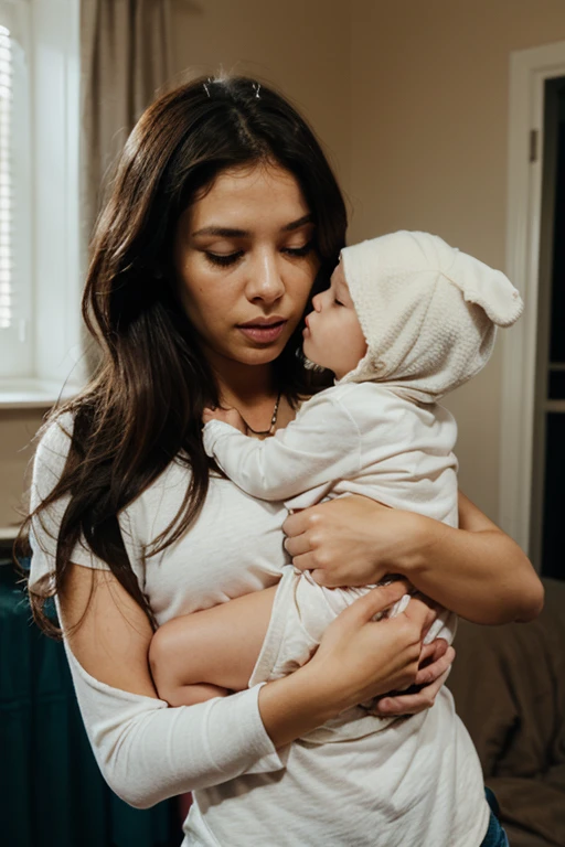 Caucasian woman with black hair holding her newborn baby on her lap, she is looking at the baby, realistic image, blurred image background