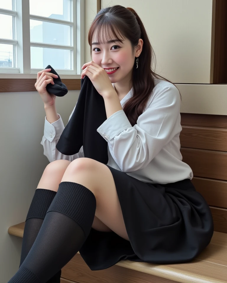 ulzzang-6500-v1.1, (Raw photo:1.2), (Photoreal),(genuine: 1.4), (muste piece), highest quality, shape, Super detailed, finely, High resolution, 8k wallpaper, 完璧なダイナミックな構shape, beautiful and detailed eyes, There is a woman squatting in the room., (super realistic pantyhose:1.3), Beast, japanese , seifuku, Chiho, sakimichan, cute , Yoshitomo Nara, various poses, japanese girl uniform, wearing Japanese , reluvy5213, wearing a principal&#39;s uniform