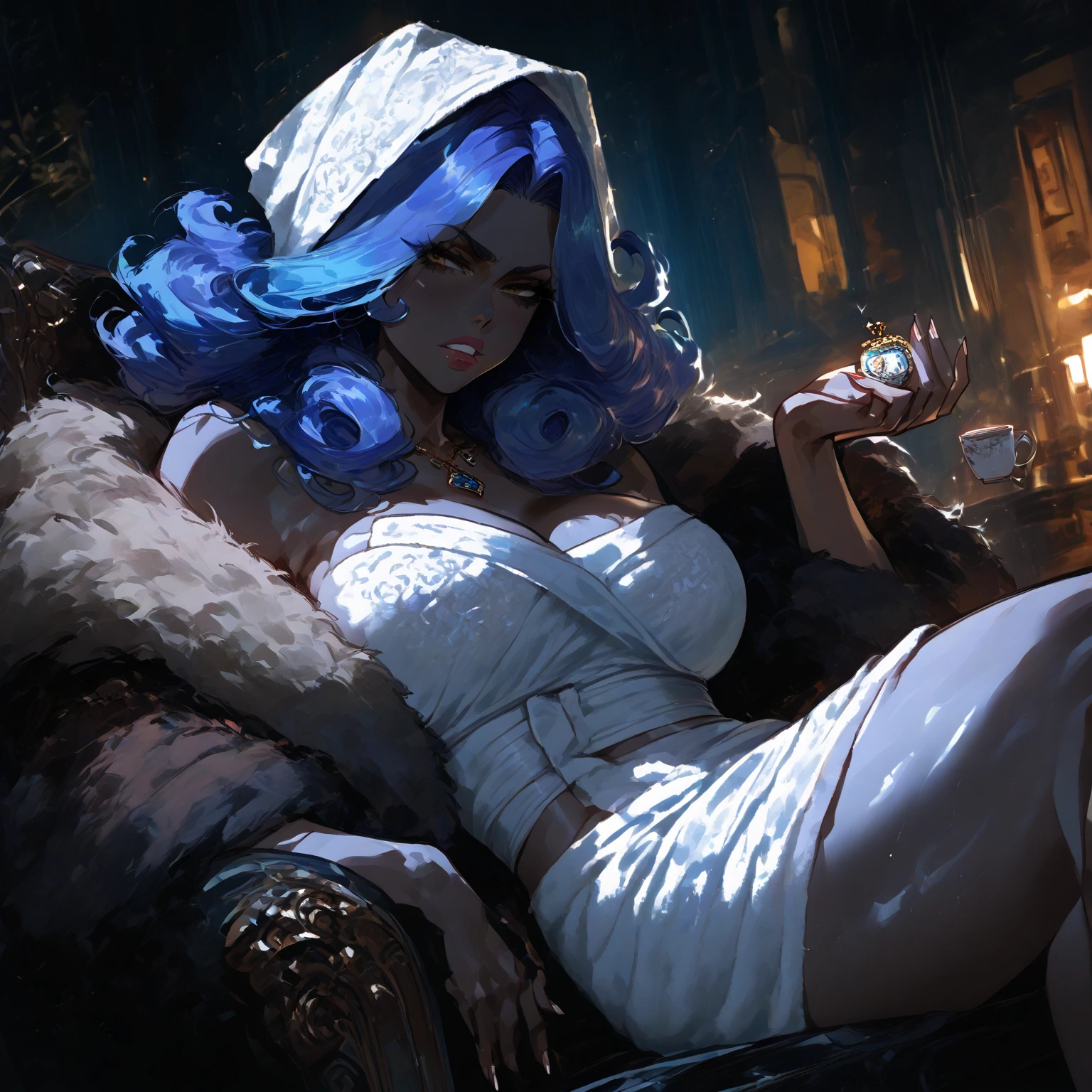 A woman wearing a bathrobe and headphones is sitting on a sofa、A beautiful night view behind、big breasts、sexy、Room with a night view、moonlight、exposed、Downlight、full moon、Stylish room with fireplace