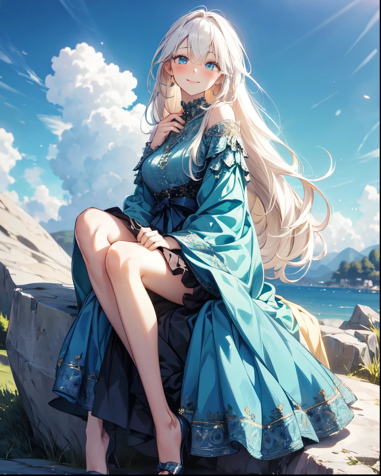 Masterpiece, Old, female, long white hair, wearing a mermaid headband and pearl necklace, Slanted eyes, blue navy sexy dress, Sitting by the beach, serious expression, with a sharp gaze, full body