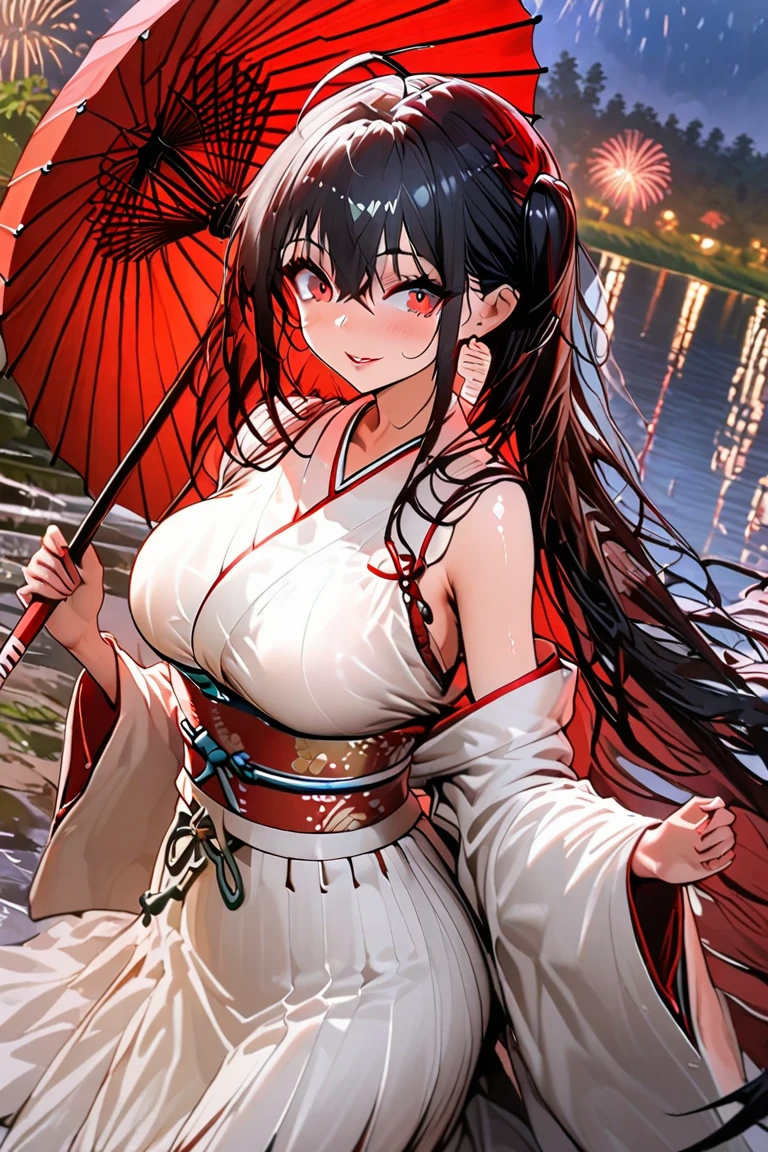 Chinese style，White Hanfu，Bai Suzhen holding an oil-paper umbrella，West Lake，bridge，Rainy Day，beautiful，Keen gaze，Half body，Close-up cleavage，Ultrafine，The hair is very detailed，The eyes are very detailed，Best quality，masterpiece，detailed，precise