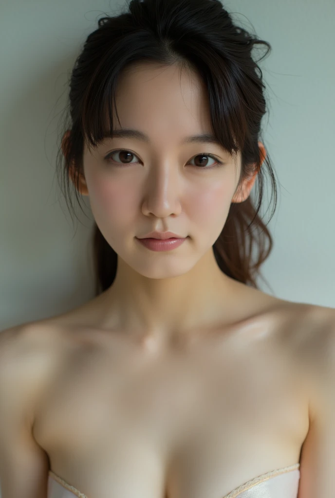 (masterpiece, best quality:1.2), portrait photography, shiny skin, (detailed skin:1), (detailed face:1), (detailed eyes:1), nsfw, (a photo of :1.0), (18yo:1.1), (Japanese idol:1.1), beautiful face, (baby face:1.0), (flat chest:1.0), (inverted nipples), (short:1.0), (no making:1.2), (curvy:1.0), long ponytail, (half-open mouth:0.7), sexfb