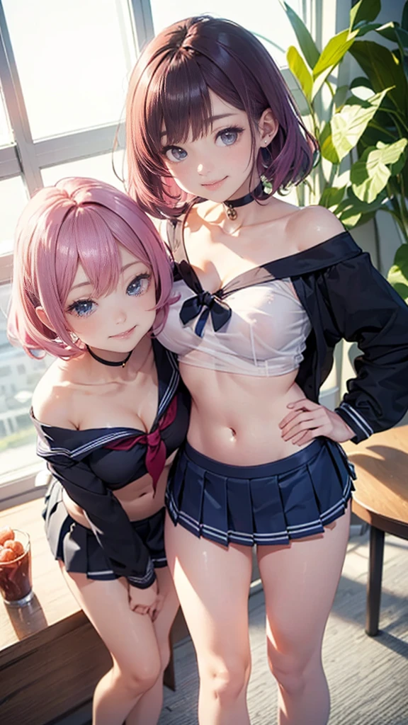 2 people、cute、2、C cup、to be aroused、Intertwined、naked、A big smile、slender、Bob Short、Produce one milk、No bra、Pink Panties、Spread your legs、looking at the camera、With glasses
