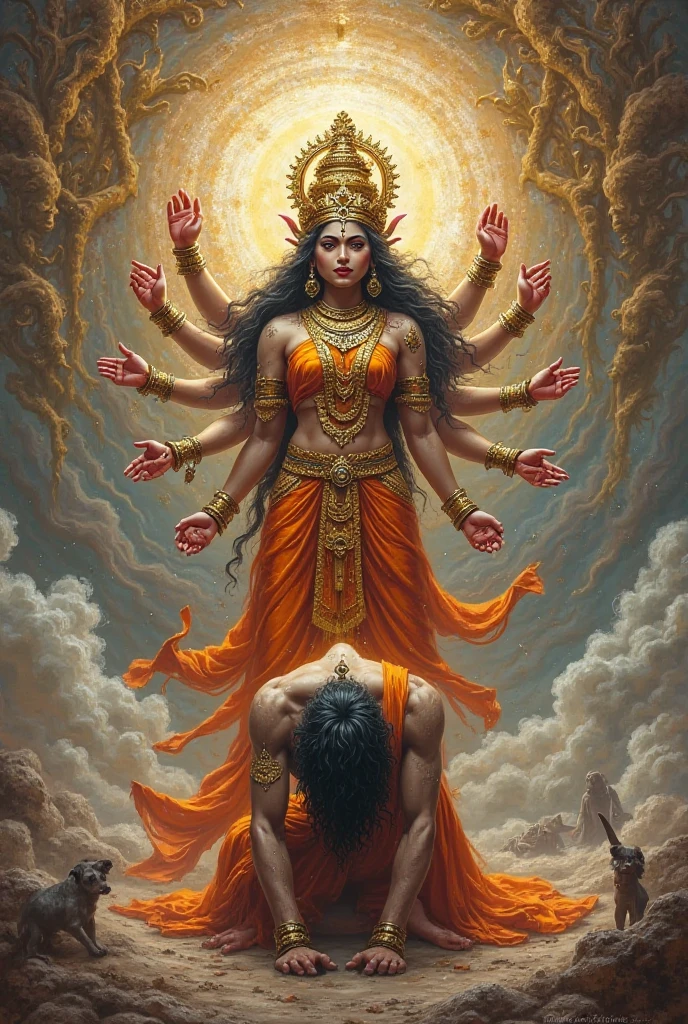 a adult boy sleeping in the lap of goddess durga. lord shiva vishnu and all the gods are present around
