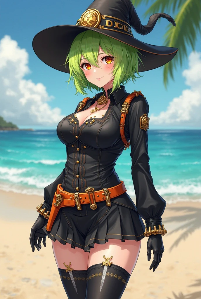 A light green haired woman with pink eyes and an hourglass figure in a pirate's outfit is smiling on the beach with a big smile
