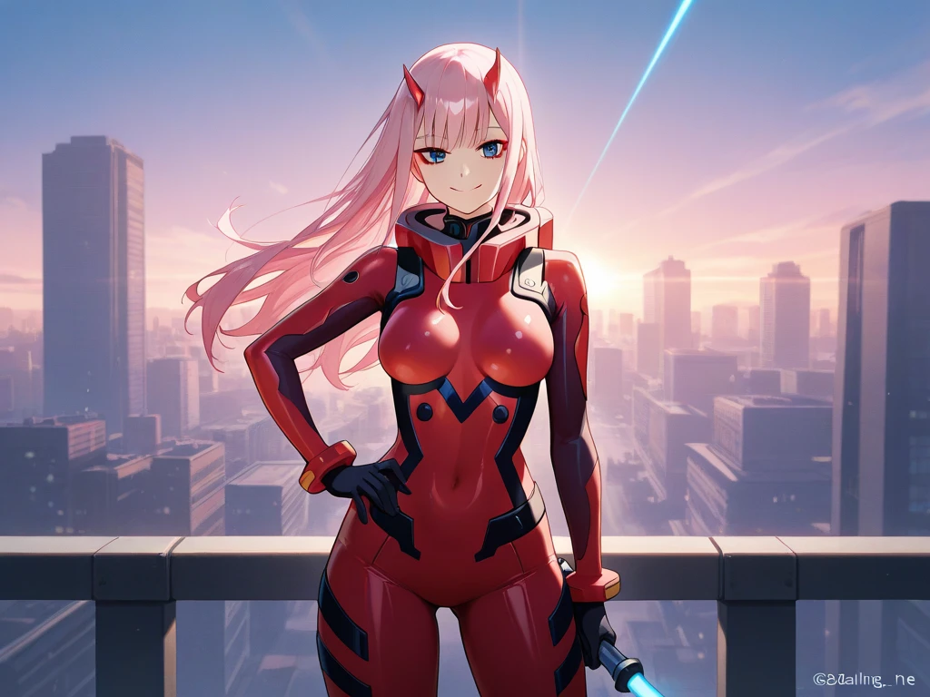 <lora:zero two:1> zero two \(darling in the franxx\), 1girl, solo, horns, long pink hair, closed eyes, makeup, grin revealing teeth, red body suit, skin tight, athletic, sci-fi, dystopian city, mecha in the distance, fire, burning, embers, technology, depth, (Highest Quality, Amazing Details:1.25), cinematic lighting, unique, whole body in picture