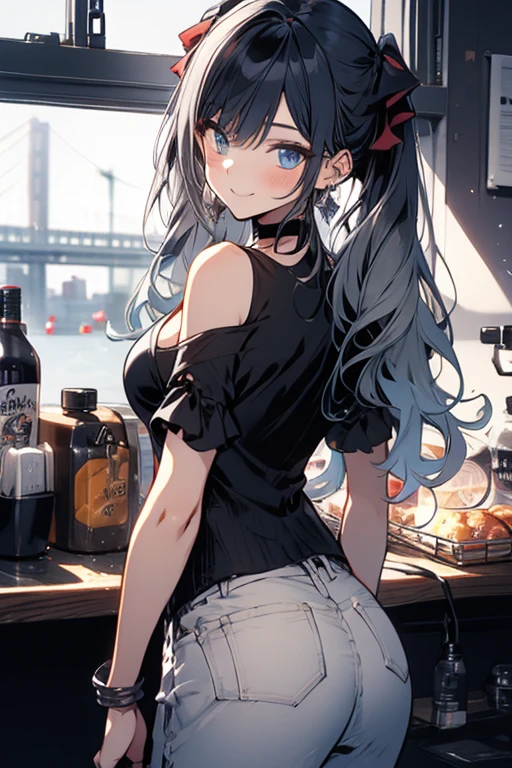 Solo, kemono, female, bad style, black and blue hair, long hair, blue eyes, wear black cropped shirt, wear dark blue pants, look at camera, right hand grabbing coffee cup, standing in front of coffee shop, coffee chop background, noon time