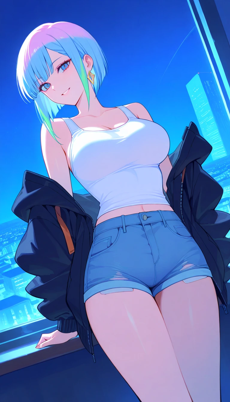 1girl, anime girl, anime, (dark skin), 2d girl, 16y, (fullbody), standing, anime girl, blue eyes, seductive grin, (silver hair), shirt, Solo, Slim, large breasts, big , big Breasts, Tight Shorts, low waist shorts, upshorts, The night beach background, city lights, looking at viewer, darker shadows, pink shorts, (((short shorts stuck in the pussy))), (((explicit))), (((shorts))), (((absurdres))), (((thigh gap))), (((cameltoe))), (((cleft of venus))), (((lowleg shorts))),