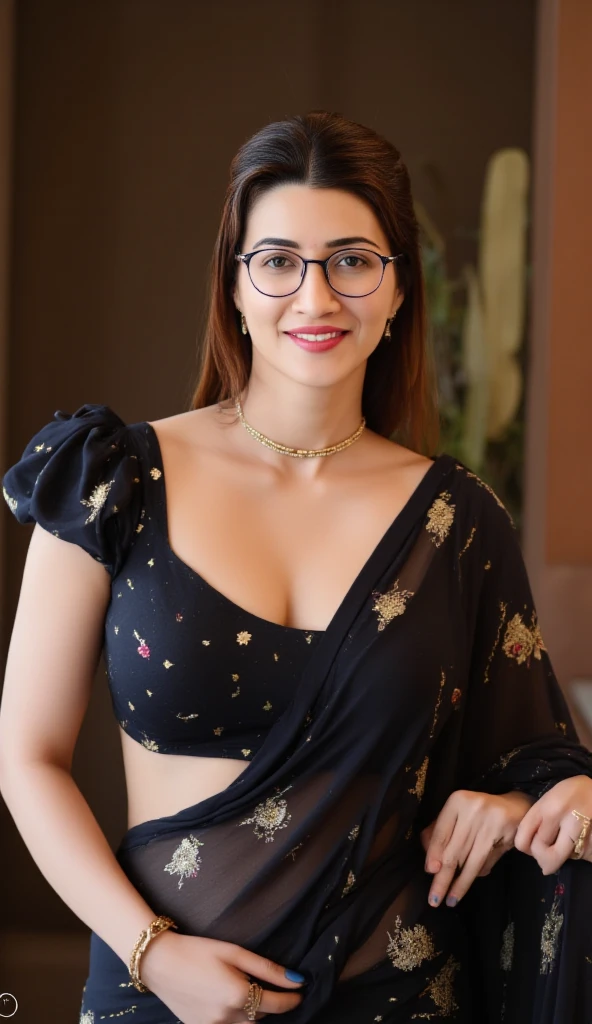 (Highest Quality, UHD,8k,masterpiece, best quality, Amazing Details), (cinematic colors, cinematic lighting, vibrant colors, incredible details, dark shading, rich shading, perfect lighting), BREAK, solo, symmetrical face, busty girl, woman, adult, mature woman, full-lips, light blue eyes, (small nose), aphroditeS, black hair, long hair, hair ornaments, flowers in hair, wide hips, huge round ass, (huge breasts), (gigantic breasts), sexy breasts, spherical round breasts, nipple visible, feminine fit physique, dainty hands, (slender fit body), exposed tummy, curvy figure, perfect eyes, nice eyes, perfect hands, nice hands, BREAK, (gold), black saree with gold embroidery,body showing big breasts,V deep cleavage, massive cleavage, (side boob:1.1), radiant glow, shiny, necklace, golden bracelets, so sexy that viewer needs to masturbate,wearing specs

