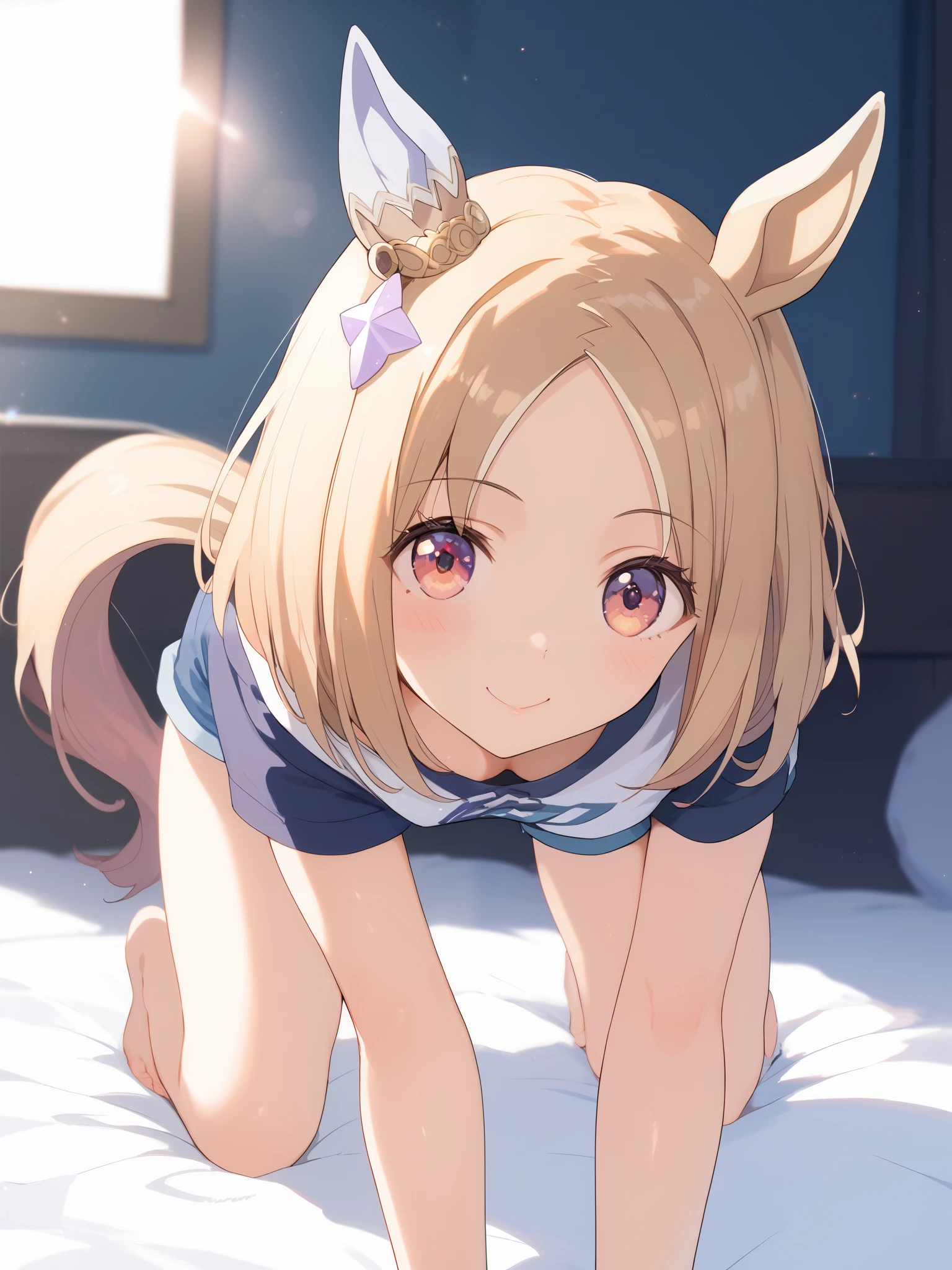 Narita, horse tail, short hair, animal ears, ear ornament, ear covers, single ear cover,1 bashful girl, alone, anime style,cute girl,Best Quality, super detailed, anime style,8k, high resolution, detailed face, Character's Upgraded Image,((smiles gently)),(on the bed),((standing on all fours)),(( chest as soon as it is visible)),((cleavage is visible)),(emphasizes cleavage),((cleavage is visible loose sleeveless shirt in black)),(light blue micro mini loungewear shorts),(Character up image seen from the front),((Close-up of upper body))Image viewed from the front,character up image,shiny, smooth skin,morning,Dazzling Sunlight,