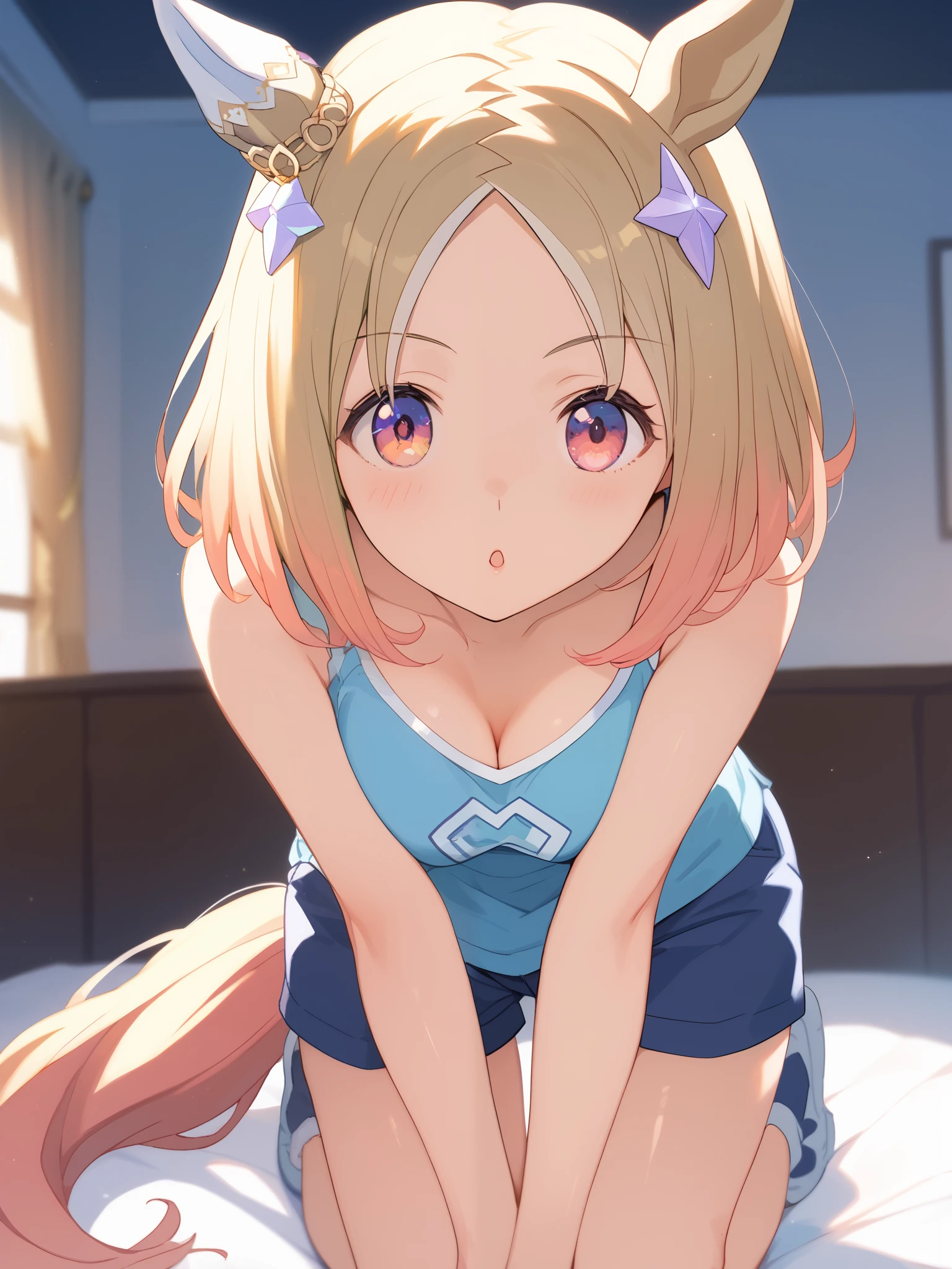 Narita, horse tail, short hair, animal ears, ear ornament, ear covers, single ear cover,1 bashful girl, alone, anime style,cute girl,Best Quality, super detailed, anime style,8k, high resolution, detailed face, Character's Upgraded Image,(( Confused Face)),and my cheeks are dyed slightly red,((My chest is sandwiched between my arms)),((cleavage is visible)),(emphasizes cleavage),((cleavage is visible loose sleeveless shirt in black)),(light blue micro mini loungewear shorts),((Close-up of upper body only),)(Character up image seen from the front),((Close-up of upper body))Image viewed from the front,character up image,shiny, smooth skin,morning,Dazzling Sunlight,