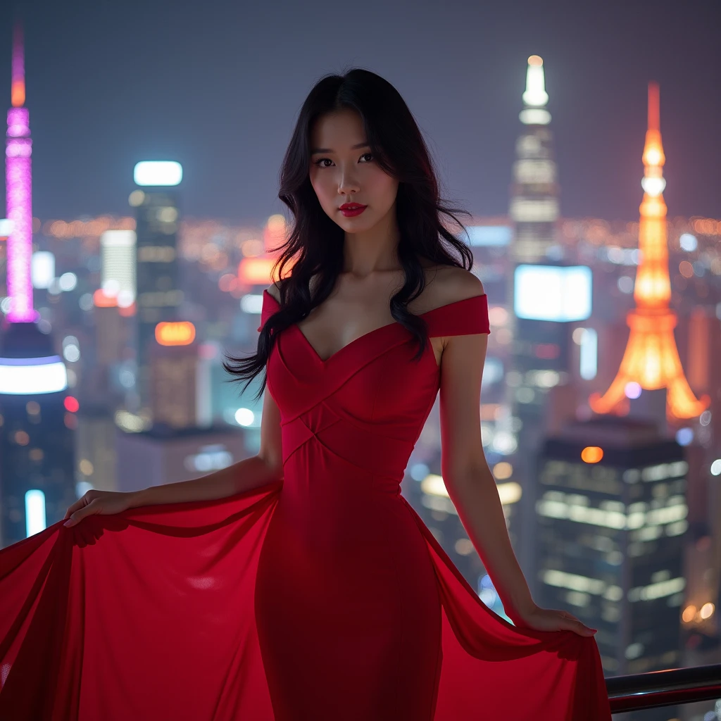 ((Midnight, Excellent, 8K, Masterpiece:1.3)), Full Body, Long Legs, Focal Length: 1.2, Perfect Body Beauty: 1.4, Slim Abs: 1.1, ((Dark Brown Hair, Big Breasts: 1.2 )), (Red Evening Dress, Standing: 1.2), ((City Night View, Roof: 1.3)), Highly detailed face and skin texture, Detailed eyes, Double eyelids