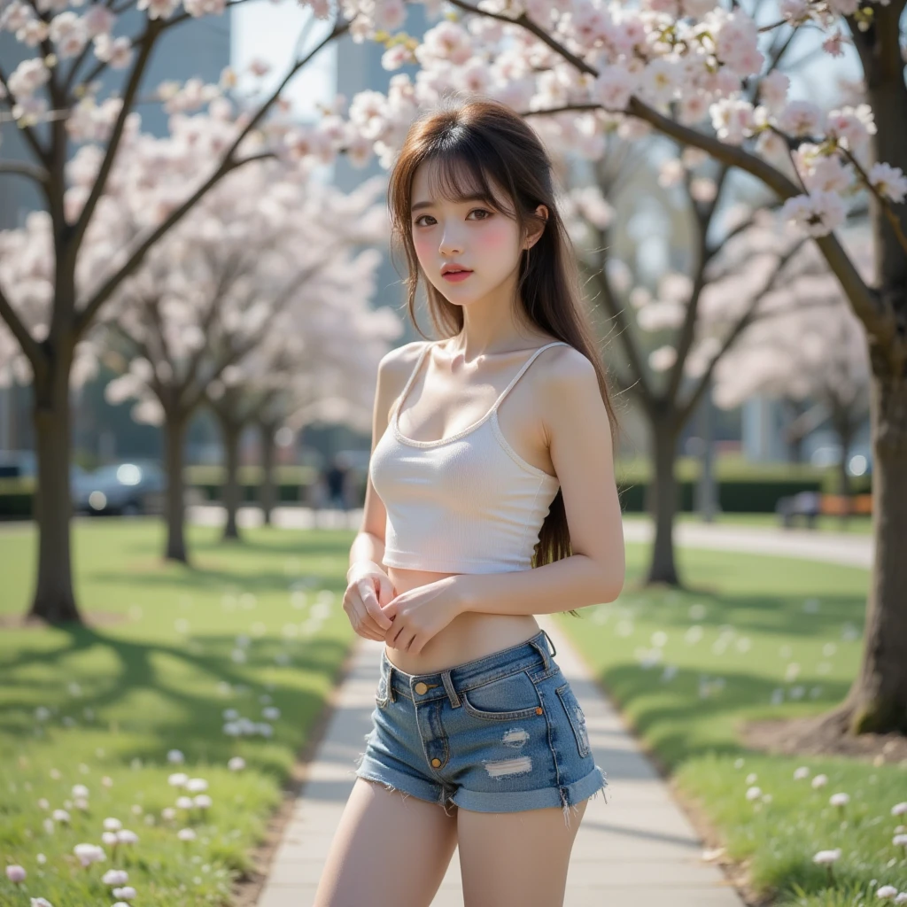 ((top quality, 8k, masterpiece: 1.3, raw photo)), Sharp Focus: 1.2, (1 aespa girl: 1.2), (Realistic, Photorealistic: 1.37), (face focus: 1.1), cute face, small breasts, flat chest, short hair, (white clothes: 1.1), skirt, sitting, arms up, from below, sunlight, movie lighting, A beautiful girl with her hair blowing in the wind under the blue sky with white clouds