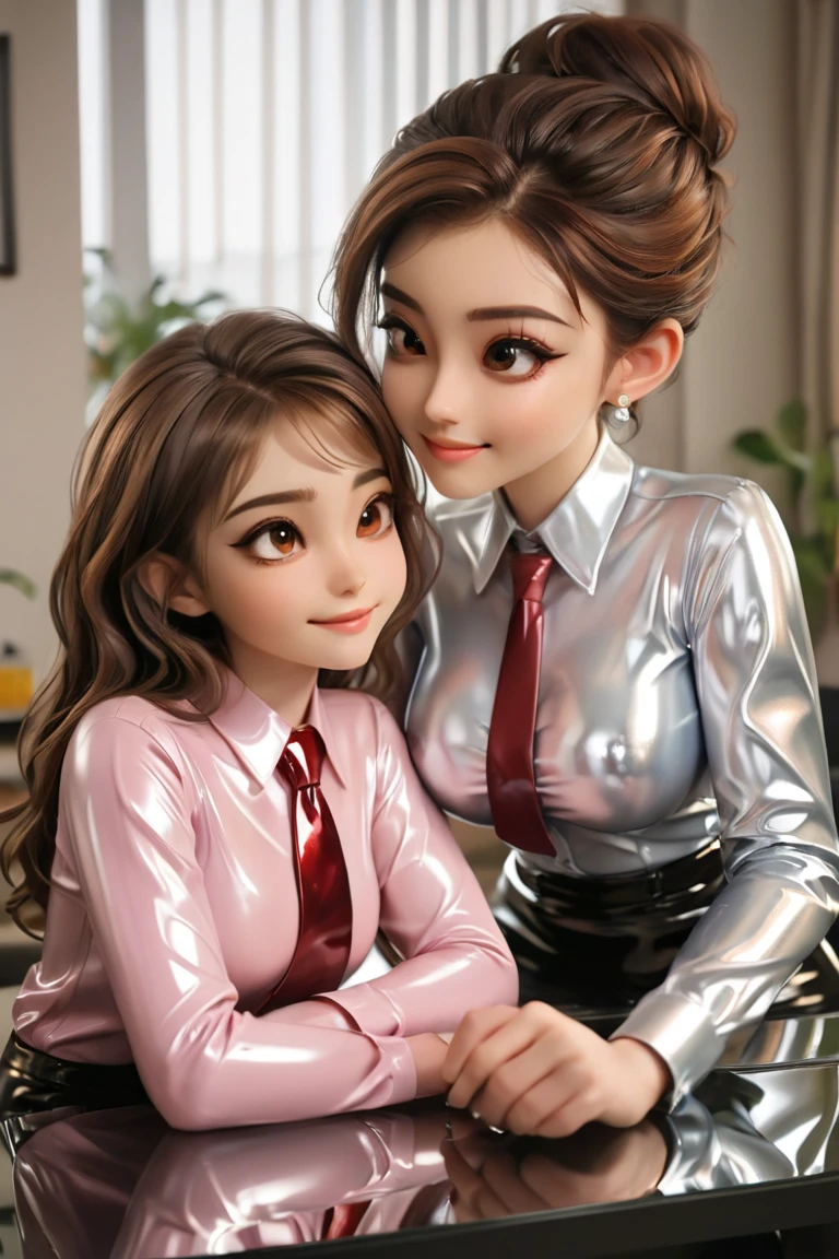 Mother and young daughter in extremely close , shiny latex blouses with buttons, Are two girls buttoned up at the table in the apartment , afro,  brown hair ,   reflection  ,    reflecting light,  high resolution ,  masterpiece , necktie,    very strong shiny skin ,    very strong makeup, smile,   , , kiss
