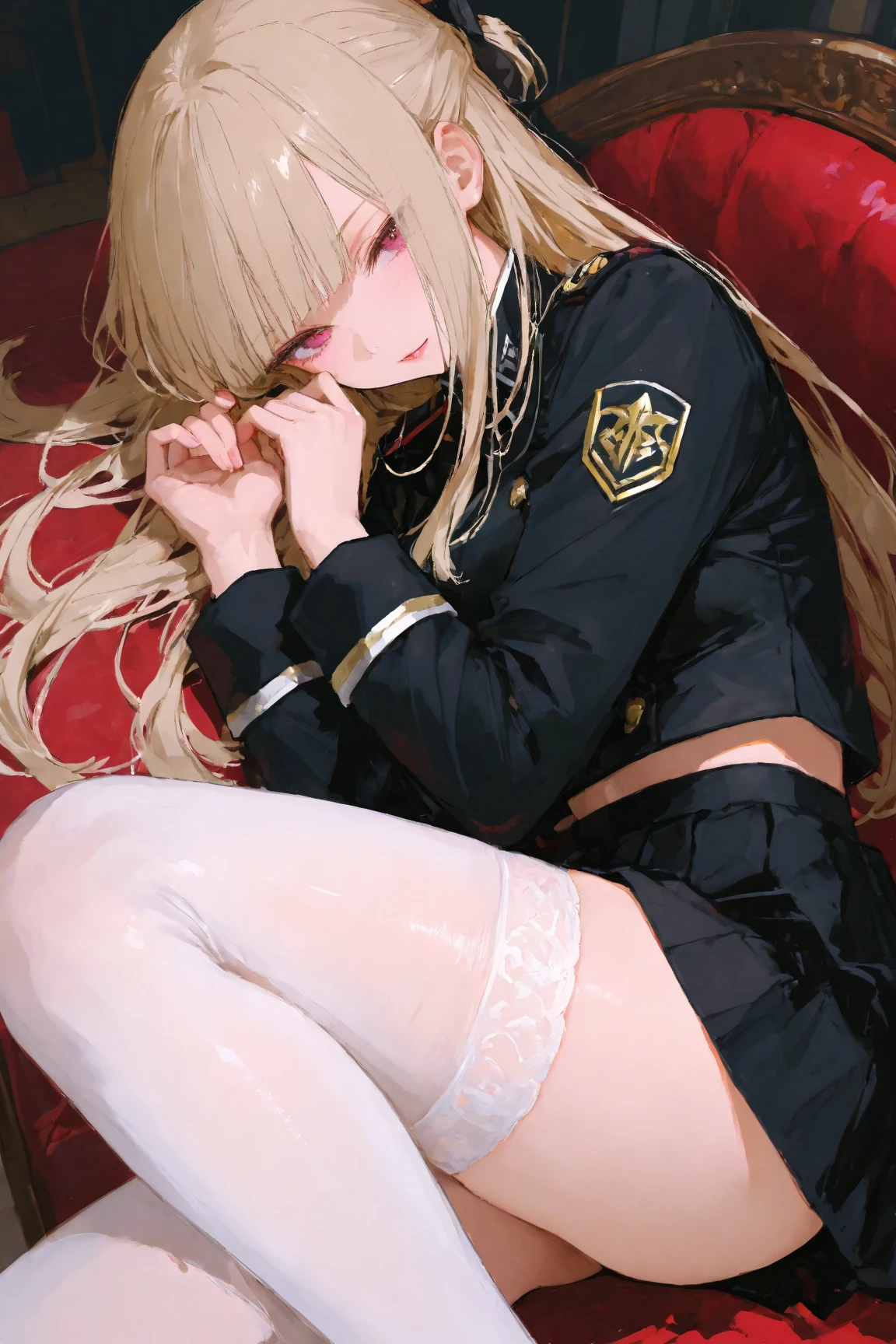 BREAK Perfect Anatomy、(High resolution:1.2)、Incredible illustrations、(Cute illustrations:1.2)、(Beautiful background) (Beautiful background,(on the couch))1gial((blonde hair,shiny hair,hair intakes:1.8,wavy long hair)(cockslut) (Black coat,Gothic combat uniform,Silk Sexy Lingerie,slut,garter stockings,pointy ears,tan:1.7),eyepatch:1.8,oversized clothes) ),(a girl, 1.5meters, 40kg),,17-year-old,flat chest)(oversized clothes))