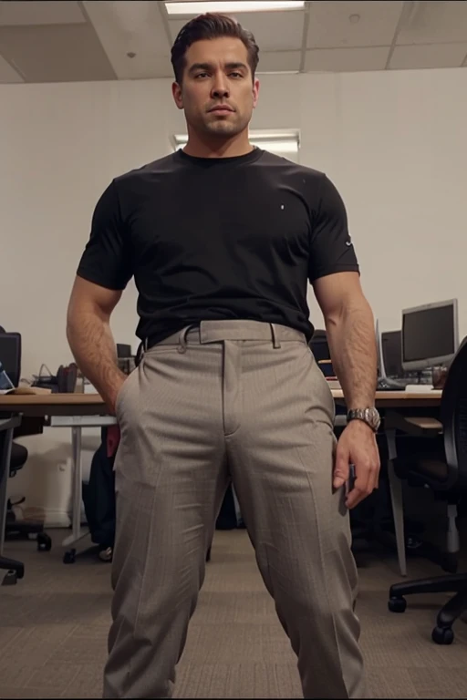40 years old,Hidetoshi Nakata,(Kogoro Mori 1.3),Two skinny muscular men standing,office,whole body,Black socks,Thick body hair,Underwear,Topless,Densely hairy,Fortitude,HD,With a mustache,Polo Shirt