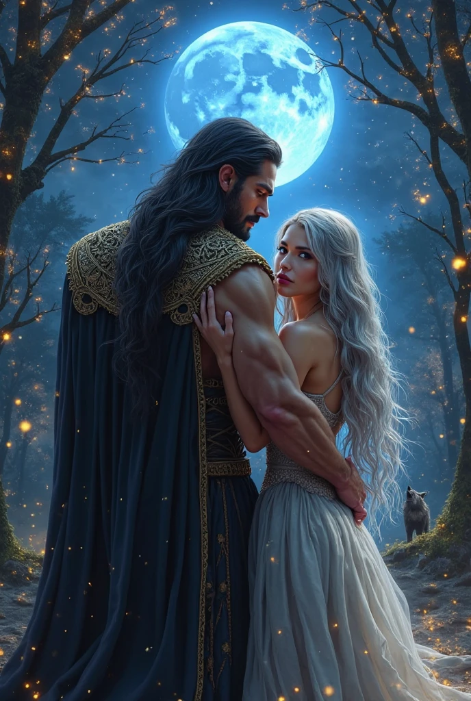 A blond man with long hair and is formed in a bun, Darkness almost completely absorbs it, revealing her attractive angelic and intimidating face, with defined jaw, muscular, with a little blonde beard, He has his eyes closed while he hugs a young girl, delicate and beautiful woman with porcelain skin, long, straight, jet-black hair, She is also covered by the darkness of the man, leaving the beautiful, delicate face of that woman visible., She still has her eyes closed enjoying the hug. at night, to the light of the Moon. ((The darkness that emanates from man is like a fog but stronger.)) animated art