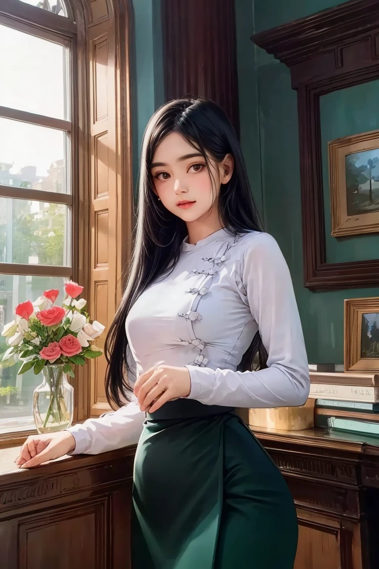 masterpiece, best quality, high resolution:1.2), (photorealistic:1.2), (intricate and beautiful:1.2), (detailed light:1.2), (soft lighting), (colorful, dynamic angle), upper body shot, fashion photography, 1girl, beautiful young girl, perfect face, long hair, perfect body, confident and alluring pose, exuding sensuality and charm, ultra detailed, photo realistic, hyper realism, realistic, standing, flowers surrounding background, (((wearing acmmsayarma outfit, acmmsayarma without top with buttons, long sleeves, ((acmmsayarma green long skirt))), Burmese girl.