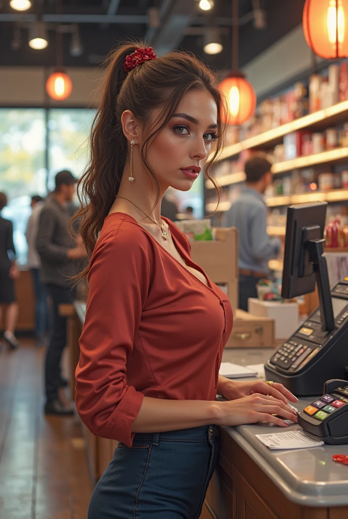 front view to the chest of a beautiful realistic girl with medium-length red hair and blue eyes in beautiful erotic clothes with a cutout on the chest, holding a payment terminal, I work as a cash register technician