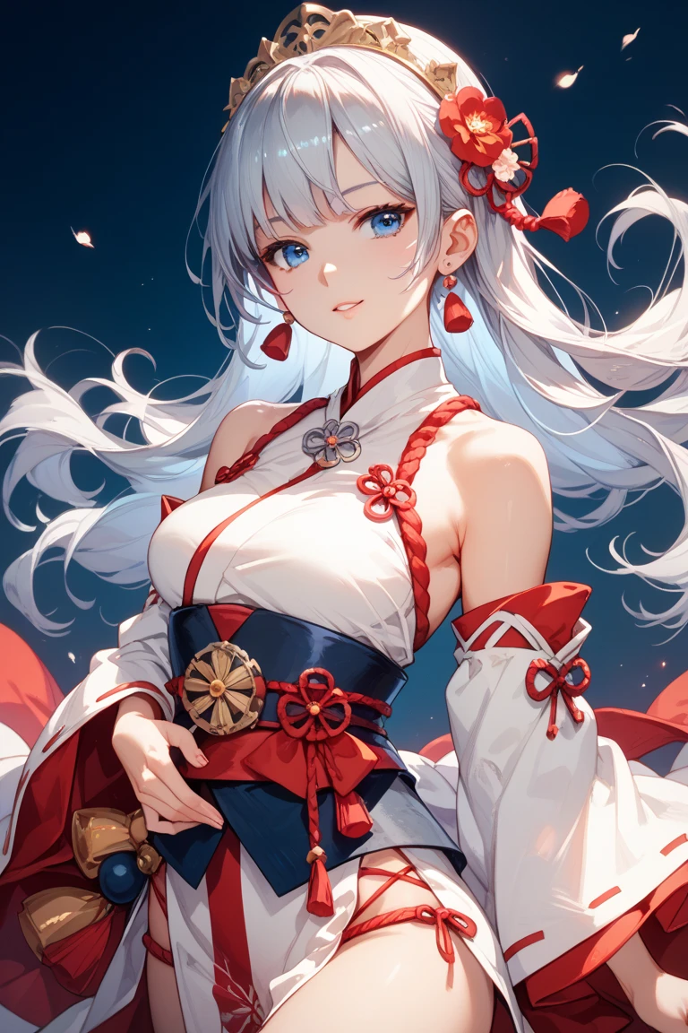 Highest quality、Masterpiece、Super detailed、8k、4K、1 girl、Gray Hair、Fluffy, soft, loosely curled long hair、Golden Eyes、White kimono with crane pattern、Lace cape、White and gold ribbon hair accessory、Cherry Blossoms at Night、moonlight、Cleavage、smile、Embarrassed expression、Big Tits