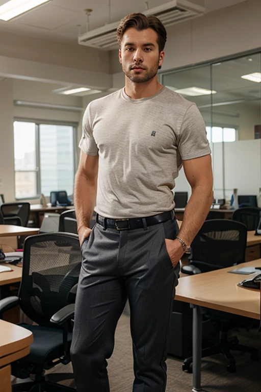 man,Belarus,35 years,trader,fair-haired,model hairstyle , athletic build,sitting in the office against the background of charts ,Thick ,short beard,business style,clothing casualrealism,epic realism,A living person,