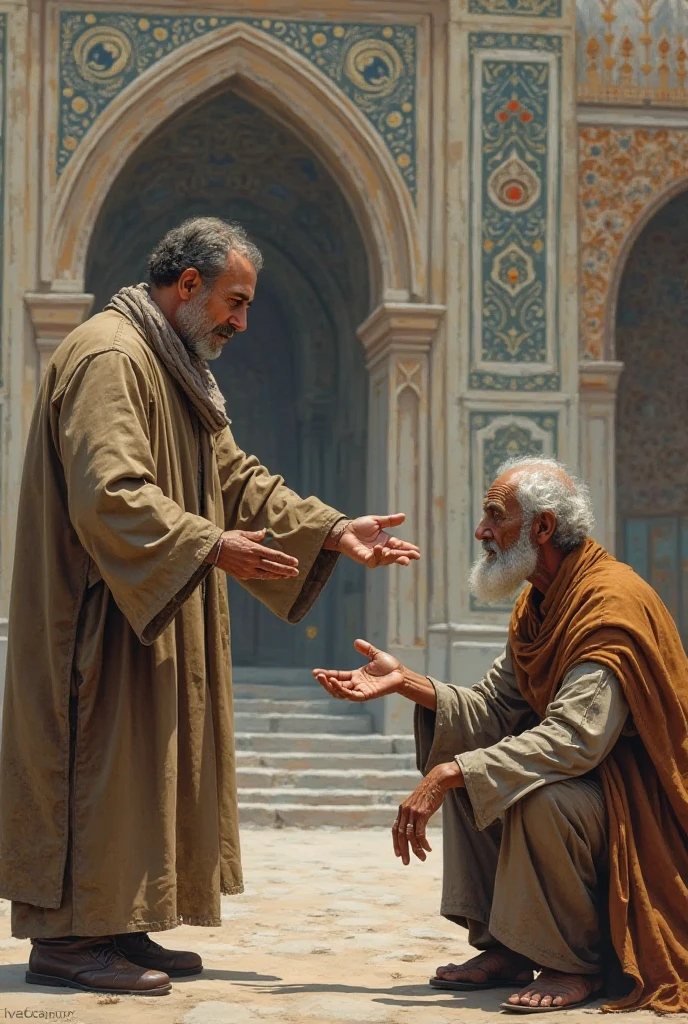 A poor man used to sit beside the mosque and beg. One day a rich man came and gave him a handful of money.