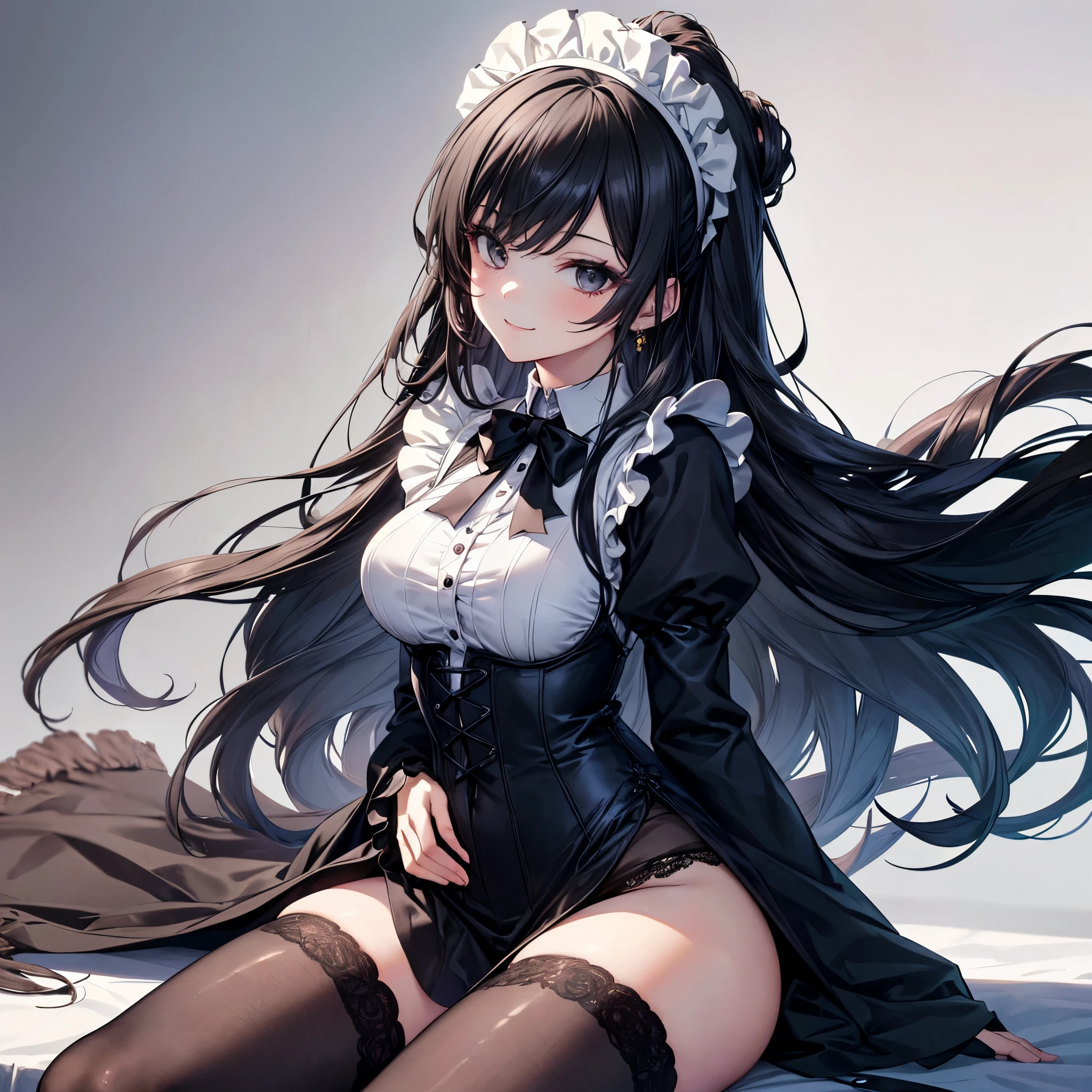 1girl, solo, breasts, looking at viewer, blush, smile, short hair, bangs, large breasts, simple background, black hair, gloves, white background, dress, bow, animal ears, tail, monochrome, full body, short sleeves, pantyhose, parted lips, white gloves, white dress, rabbit ears, high heels, wrist cuffs, black pantyhose, fake animal ears, playboy bunny, rabbit tail, spot color, twisted torso
