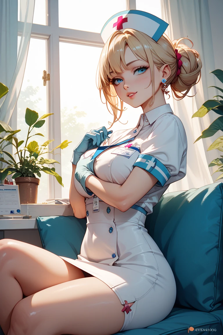 1girl in, (Solo:1.2), (Beautiful and detailed eyes description), (beautiful and detailed face), Perfect female body, neat figure, Slender waist, (Young Girl), (20 years old), Long hair, Platinum Blonde Hair, Two-side-up,Very big eyes, Blue eyes, medium breasts, blush, Shy, watery lips, Nurse, (nurse dress), Nurse Cap, Unbuttoned, (White Gloves:1.2), (White pantyhose), high-heels, a necklace, Hospital bed, White curtains, Sunlight, hand between legs, Straddle the camera, Squatting, (Best Quality), (ultra-detailliert), (masuter piece), (hight resolution), (Original), (the Extremely Detailed CG Unity 8K Wallpapers), Character Design, Game CG, Detailed Manga Illustration
