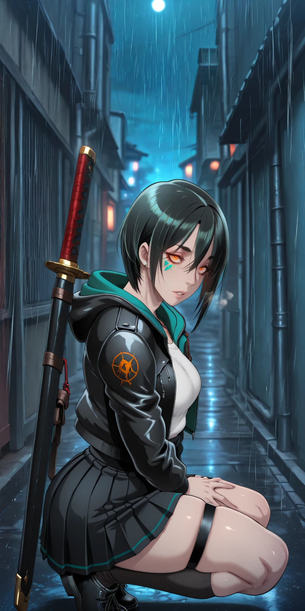 butcha-u-style, anime coloring, anime screencap, anime-style detailed background, vignetting, masterpiece, high quality, absurdres, best quality, very aesthetic, newest, dynamic composition, anatomical correct, HD, 4K, digital art, trending on ArtStation, ((anatomical correct)), perfect body, perfect eyes, perfect fingers, gasping, heavy breathing, gasping profusely, cinematic, ((skindentation)), ((curvy)), source_anime, Jormungand, black hair, short hair, yellow eyes, orange eyes, mole under eye, hair between eye, facial mark, left thigh facial mark, green facial mark, bright pupils, plump, 1girl, weapon, sword, solo, skirt, rain, jacket, looking_at_viewer, squatting, pleated_skirt, outdoors, black_jacket, katana, glowing, open_jacket, open_clothes, earrings, blurry, jewelry, white_shirt, thigh_strap, shirt, socks, black_footwear, sheath, blurry_background, alley, parted_lips, long_sleeves, night, black_skirt, shoes, sheathed, miniskirt